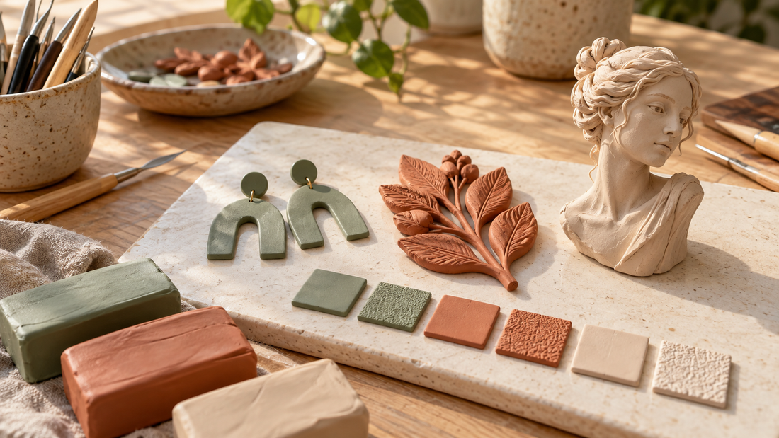 Farklı polimer kil projeleri için küpe, yaprak kabartma ve küçük büst ile yüzey numuneleri